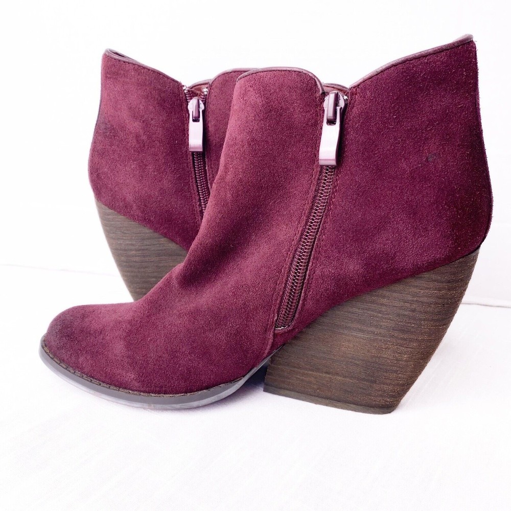 Very Volatile Burgundy Leather Suede Wedge Heel Ankle Boots Size 8.5